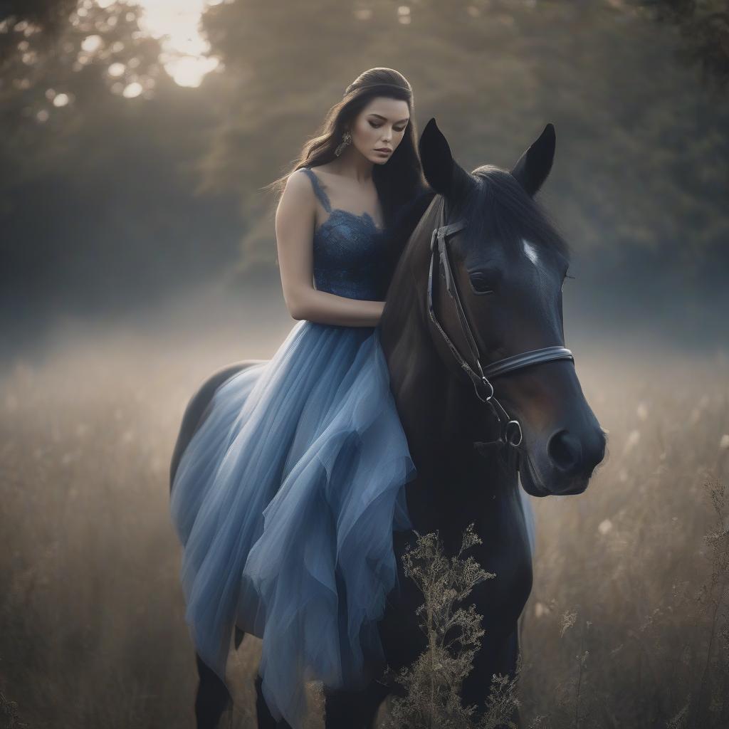  A sorrowful beauty in a dark blue dress on a horse hyperrealistic, full body, detailed clothing, highly detailed, cinematic lighting, stunningly beautiful, intricate, sharp focus, f/1. 8, 85mm, (centered image composition), (professionally color graded), ((bright soft diffused light)), volumetric fog, trending on instagram, trending on tumblr, HDR 4K, 8K