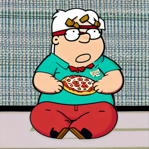  Peter Griffin, eating a pizza while doing a backflip and kicking Stewie Griffin