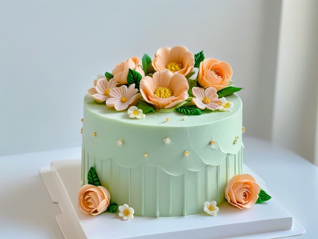  An ultradetailed, highresolution image of a perfectly frosted and decorated threetiered cake sitting on a marble countertop. The cake is adorned with intricate fondant flowers, delicate piping work, and shimmering edible gold leaf accents. The colors are soft pastels, with shades of blush pink, mint green, and pale lavender creating a visually stunning and elegant dessert masterpiece. The lighting is soft, casting gentle shadows that enhance the texture and details of the cake, making it a feast for the eyes and a true work of art for any aspiring Instagram pastry chef. hyperrealistic, full body, detailed clothing, highly detailed, cinematic lighting, stunningly beautiful, intricate, sharp focus, f/1. 8, 85mm, (centered image composition), (professionally color graded), ((bright soft diffused light)), volumetric fog, trending on instagram, trending on tumblr, HDR 4K, 8K