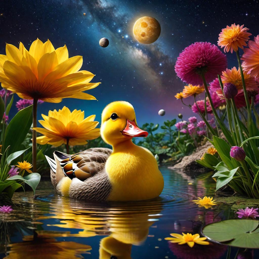  A yellow duck in a pond looking up into space with an abundance of stars, moons, planets, vibrant colors, happy, and surrealism style. The sky is filled with countless stars, moons, and planets, creating a breathtaking cosmic scene. The colors are vivid and vibrant, enhancing the surrealism of the image. hyperrealistic, full body, detailed clothing, highly detailed, cinematic lighting, stunningly beautiful, intricate, sharp focus, f/1. 8, 85mm, (centered image composition), (professionally color graded), ((bright soft diffused light)), volumetric fog, trending on instagram, trending on tumblr, HDR 4K, 8K