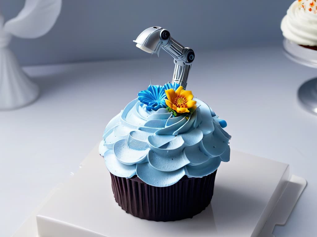  A sleek, minimalist illustration of a futuristic robotic arm delicately piping intricate swirls of frosting onto a perfectly crafted cupcake. The robotic arm is depicted in a shiny silver tone, with precisionengineered joints and a small, glowing blue light at its core. The cupcake is elegantly decorated with colorful sprinkles and a small edible flower on top, highlighting the seamless blend of technology and artistry in the future of pastry education. hyperrealistic, full body, detailed clothing, highly detailed, cinematic lighting, stunningly beautiful, intricate, sharp focus, f/1. 8, 85mm, (centered image composition), (professionally color graded), ((bright soft diffused light)), volumetric fog, trending on instagram, trending on tumblr, HDR 4K, 8K