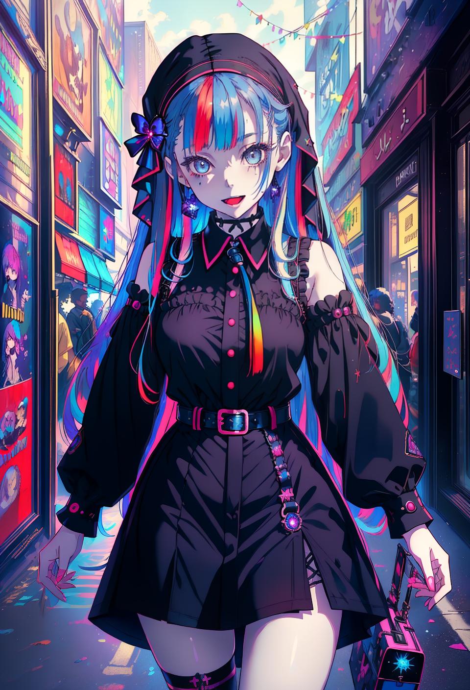  ((trending, highres, masterpiece, cinematic shot)), 1girl, young, female goth clothing, mall scene, long straight blue hair, afro, large rainbow-colored eyes, impulsive personality, happy expression, very pale skin, magical, lucky