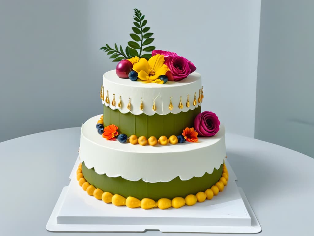  A minimalistic image of a beautifully decorated cake showcasing intricate designs inspired by different cultures, with elements like delicate piping work, edible flowers, and gold leaf accents, all set against a clean, white background to emphasize the cultural significance and artistry behind the creation of desserts. hyperrealistic, full body, detailed clothing, highly detailed, cinematic lighting, stunningly beautiful, intricate, sharp focus, f/1. 8, 85mm, (centered image composition), (professionally color graded), ((bright soft diffused light)), volumetric fog, trending on instagram, trending on tumblr, HDR 4K, 8K