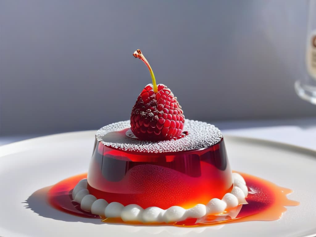  An intricate, highresolution closeup of a perfectly set fruit jelly showcasing the delicate translucency and smooth texture, adorned with a single, glistening raspberry suspended in the gel. The soft natural light enhances the vibrant color of the jelly, while tiny air bubbles captured within add a touch of visual interest. The minimalist composition focuses solely on the exquisite details of the gel, highlighting the precise gelification process with pectins and gelatin. hyperrealistic, full body, detailed clothing, highly detailed, cinematic lighting, stunningly beautiful, intricate, sharp focus, f/1. 8, 85mm, (centered image composition), (professionally color graded), ((bright soft diffused light)), volumetric fog, trending on instagram, trending on tumblr, HDR 4K, 8K