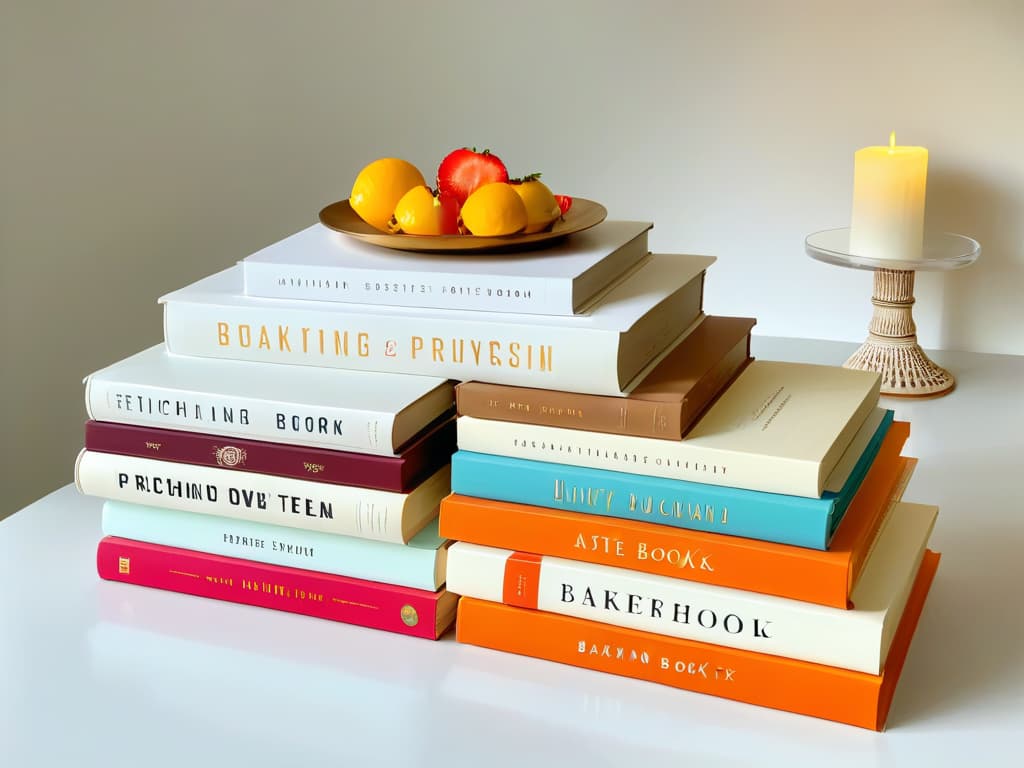  An ultradetailed image of a pristine white kitchen countertop, featuring an array of meticulously arranged bestselling baking books from 2023. Each book is elegantly displayed with vibrant, eyecatching covers showcasing delectable desserts. The lighting is soft, casting a gentle glow on the books, enhancing their allure. The minimalistic composition highlights the colorful book spines against the pristine backdrop, inviting the viewer to explore the world of baking through these top picks of the year. hyperrealistic, full body, detailed clothing, highly detailed, cinematic lighting, stunningly beautiful, intricate, sharp focus, f/1. 8, 85mm, (centered image composition), (professionally color graded), ((bright soft diffused light)), volumetric fog, trending on instagram, trending on tumblr, HDR 4K, 8K