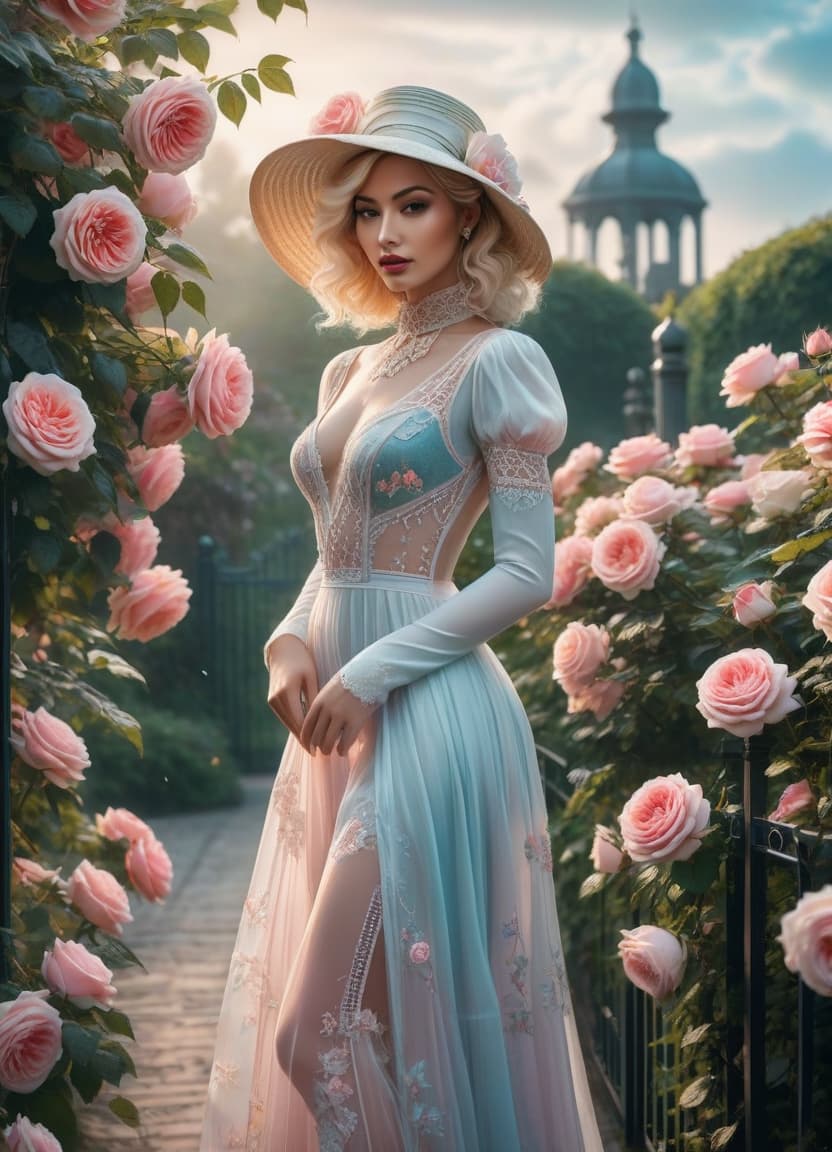  vaporwave style Delicate English watercolour in pastel tones, on the background of English garden flowers powder roses in dew, among roses stands a lovely in a straw hat decorated with flowers and in a lush dress with lace, openwork wrought iron fence, octane, dew glistens and shimmers in the sun lumen, in the distance marble statue, aesthetic flowers,art botanical, organic biological,realistic . retro aesthetic, cyberpunk, vint, neon colors, vintage 80s and 90s style, highly detailed hyperrealistic, full body, detailed clothing, highly detailed, cinematic lighting, stunningly beautiful, intricate, sharp focus, f/1. 8, 85mm, (centered image composition), (professionally color graded), ((bright soft diffused light)), volumetric fog, trending on instagram, trending on tumblr, HDR 4K, 8K