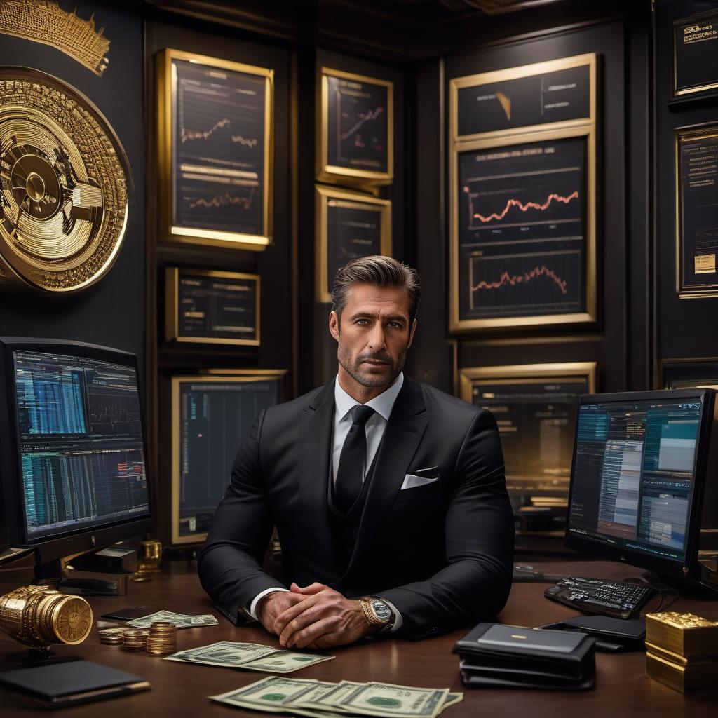  hyperrealistic art Draw a solid male trader sitting at a laptop. He's wearing a black suit in a luxurious office. Surrounding him are large monitors with charts. Next to him are a pack of money and a gold bar. . extremely high resolution details, photographic, realism pushed to extreme, fine texture, incredibly lifelike hyperrealistic, full body, detailed clothing, highly detailed, cinematic lighting, stunningly beautiful, intricate, sharp focus, f/1. 8, 85mm, (centered image composition), (professionally color graded), ((bright soft diffused light)), volumetric fog, trending on instagram, trending on tumblr, HDR 4K, 8K