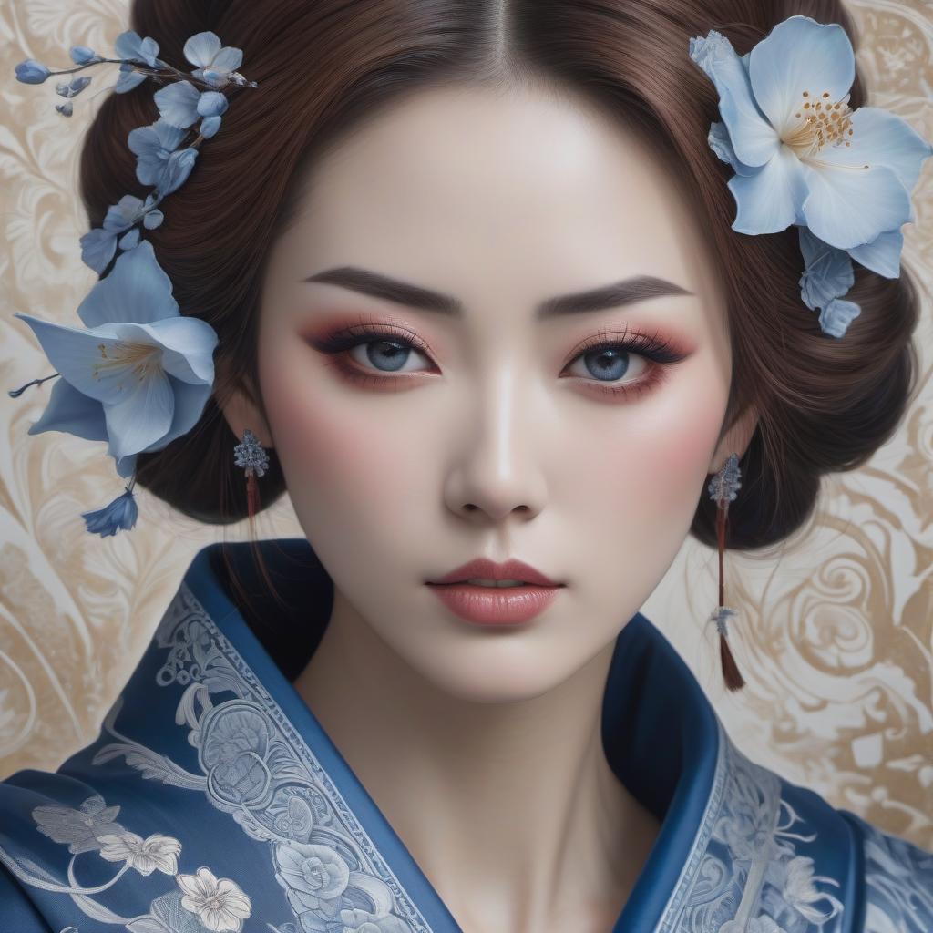  hyperrealistic art Envision a portrait of a Japanese geisha, her countenance tinged with sorrow as a single tear trails from her eye. Her abundant hair frames a face with lips painted a soft blue, while her attire is a complex array of traditional garments. The portrait, reminiscent of Anne Stokes' work, is rendered in a whimsical Zentangle style, boasting an intricate cyanotype design that seems to lift from the canvas in a 3D embossed effect. The color palette is a harmonious blend of delft blue and white, enriched with subtle touches of ginger brown and light pink. This piece is a fantasy encapsulated in an 8k resolution masterpiece, a high definition pencil sketch that transitions into line art with pen and ink filigree. The backdrop is hyperrealistic, full body, detailed clothing, highly detailed, cinematic lighting, stunningly beautiful, intricate, sharp focus, f/1. 8, 85mm, (centered image composition), (professionally color graded), ((bright soft diffused light)), volumetric fog, trending on instagram, trending on tumblr, HDR 4K, 8K