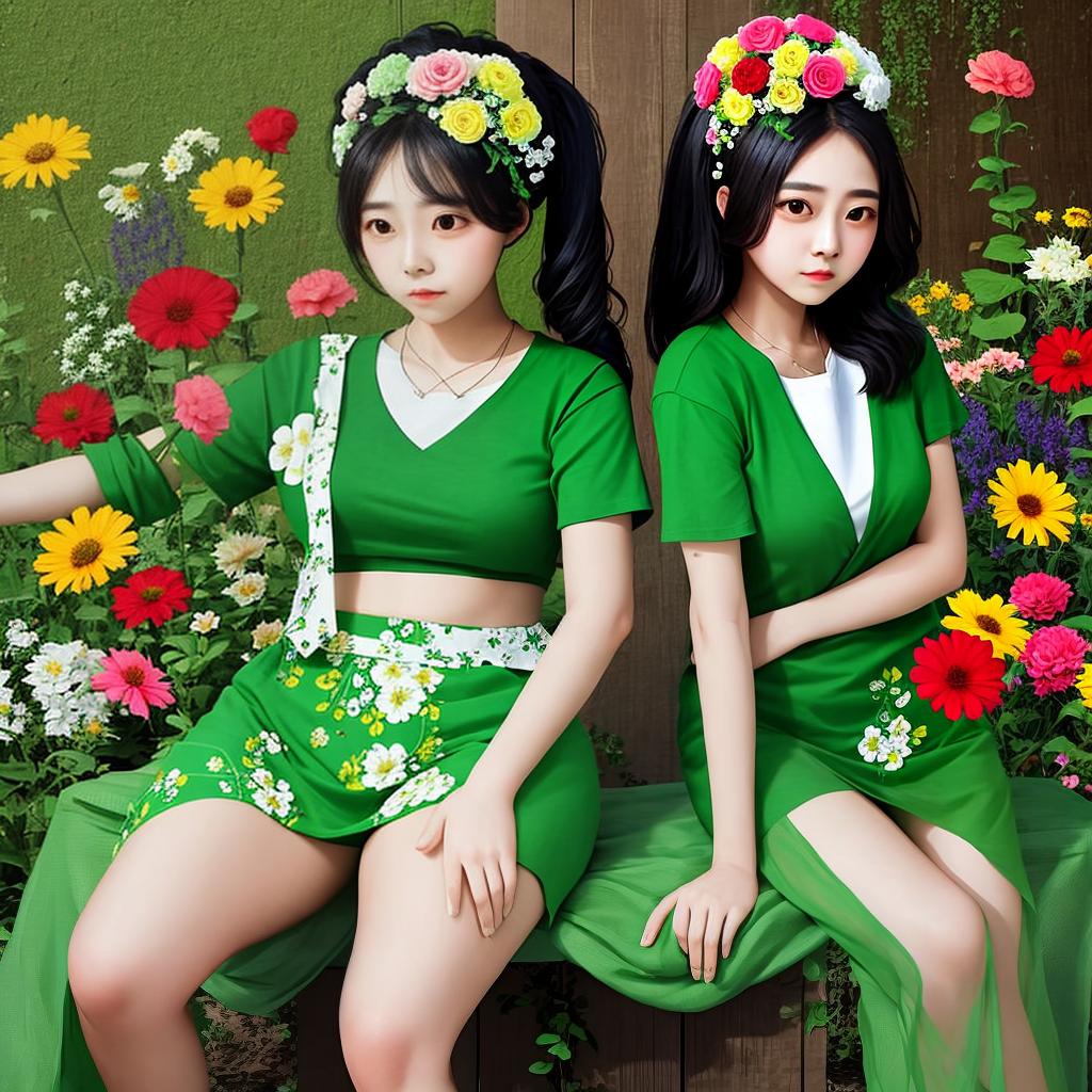  masterpiece, best quality, a beautiful woman with flowers on her head, big eyes, long legs, green miniskirt, white top