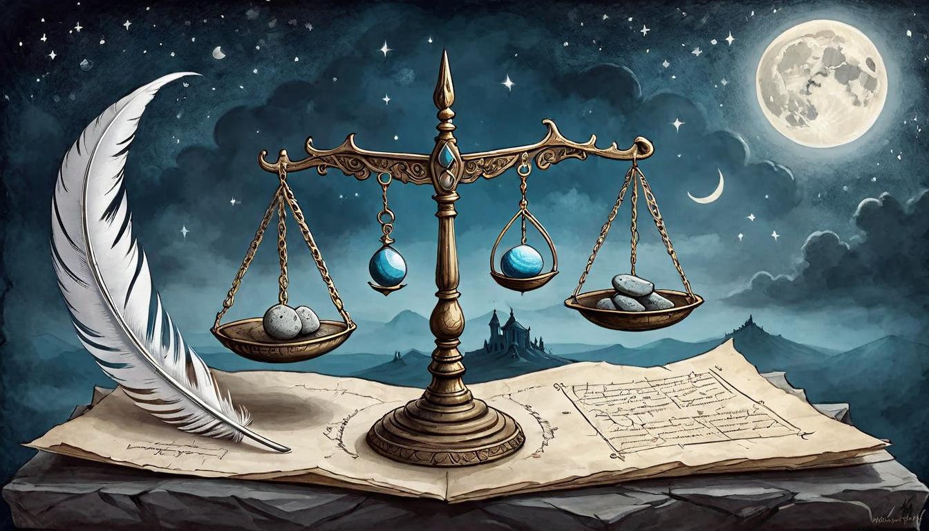  on parchment, surrealism+++, A delicate balance scale under the moonlight, one side holding a feather, the other a stone, symbolizing the fine balance of forgiveness and wisdom. Balance scale, moonlit, feather one side, stone the other, delicate equilibrium, forgiveness versus wisdom, night's balance, ethereal judgement.(mysterious, provocative, symbolic,muted color)+++