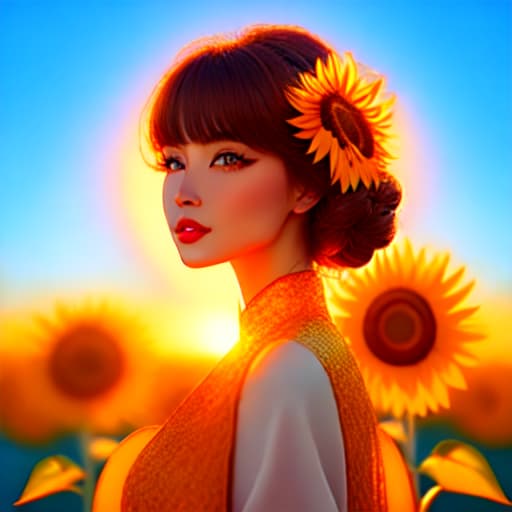 in OliDisco style Beautiful fantasy girl in sunflowers
