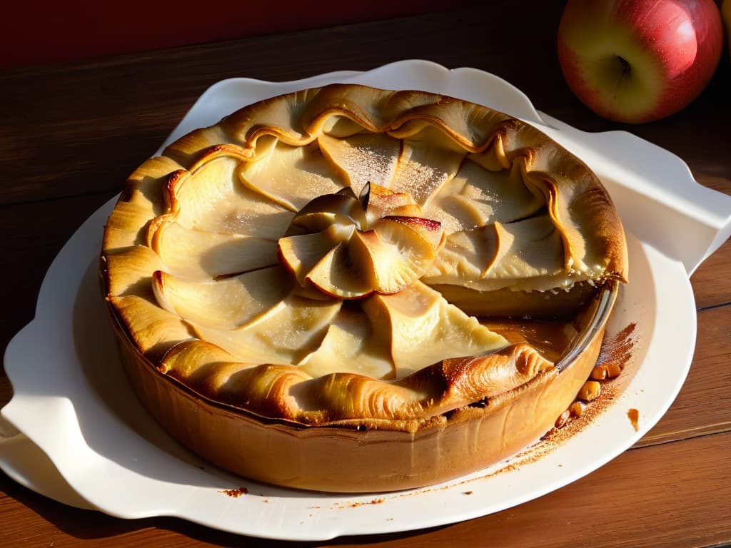  A closeup, ultradetailed image of a goldenbrown apple pie fresh out of the oven, with a perfectly flaky crust and steam gently rising from the bubbling, cinnamonspiced apple filling. The pie sits on a rustic wooden table, with a dollop of whipped cream melting slightly on top. Sunlight filters through a nearby window, casting a warm, inviting glow on the delectable dessert. hyperrealistic, full body, detailed clothing, highly detailed, cinematic lighting, stunningly beautiful, intricate, sharp focus, f/1. 8, 85mm, (centered image composition), (professionally color graded), ((bright soft diffused light)), volumetric fog, trending on instagram, trending on tumblr, HDR 4K, 8K