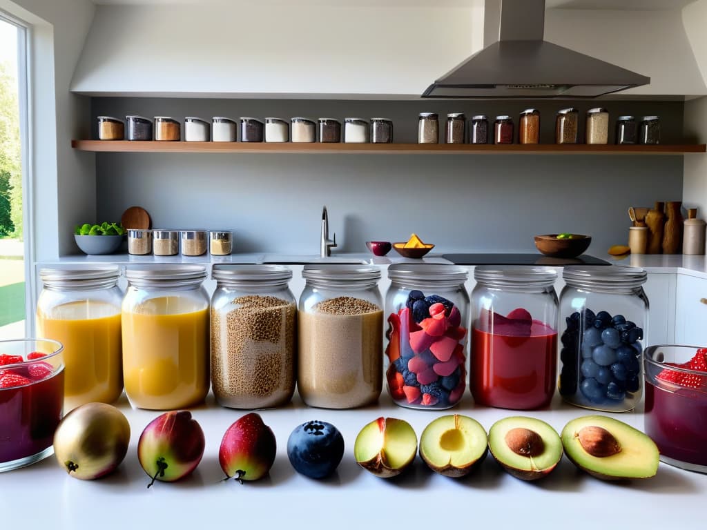  A highresolution, ultradetailed image of a sleek, modern kitchen filled with an array of keto baking ingredients neatly organized on marble countertops. The image showcases a variety of almond flour, coconut oil, erythritol sweetener, and fresh berries, all artfully arranged in minimalist glass jars and bowls. The natural light streaming in through the window highlights the textures and colors of the ingredients, creating a visually stunning and aspirational scene for beginner keto bakers. hyperrealistic, full body, detailed clothing, highly detailed, cinematic lighting, stunningly beautiful, intricate, sharp focus, f/1. 8, 85mm, (centered image composition), (professionally color graded), ((bright soft diffused light)), volumetric fog, trending on instagram, trending on tumblr, HDR 4K, 8K