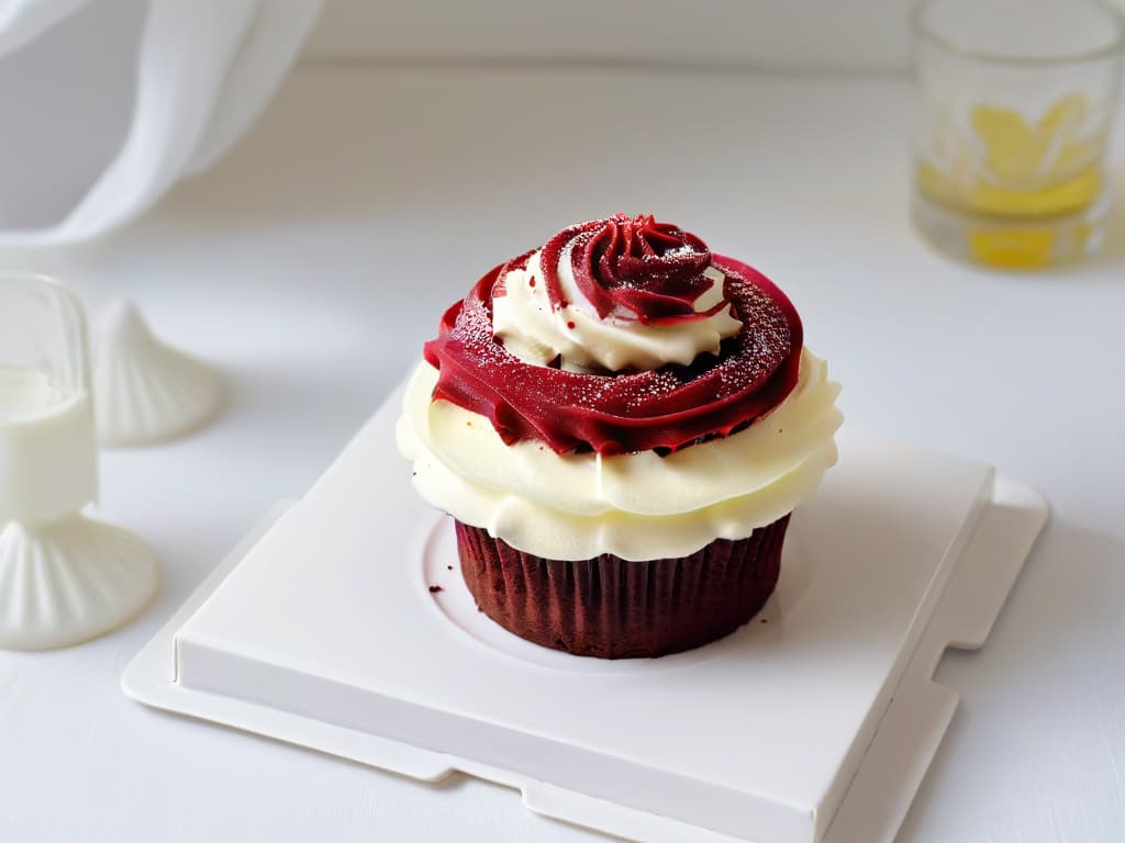  A closeup, ultradetailed image of a single red velvet cupcake with rich, velvety texture topped with a swirl of cream cheese frosting, sprinkled with fine red velvet crumbs, and delicately finished with a single fresh raspberry on top. The cupcake is placed on a pristine white plate, set against a soft, blurred background to emphasize its intricate details and evoke a sense of indulgence and sophistication. hyperrealistic, full body, detailed clothing, highly detailed, cinematic lighting, stunningly beautiful, intricate, sharp focus, f/1. 8, 85mm, (centered image composition), (professionally color graded), ((bright soft diffused light)), volumetric fog, trending on instagram, trending on tumblr, HDR 4K, 8K