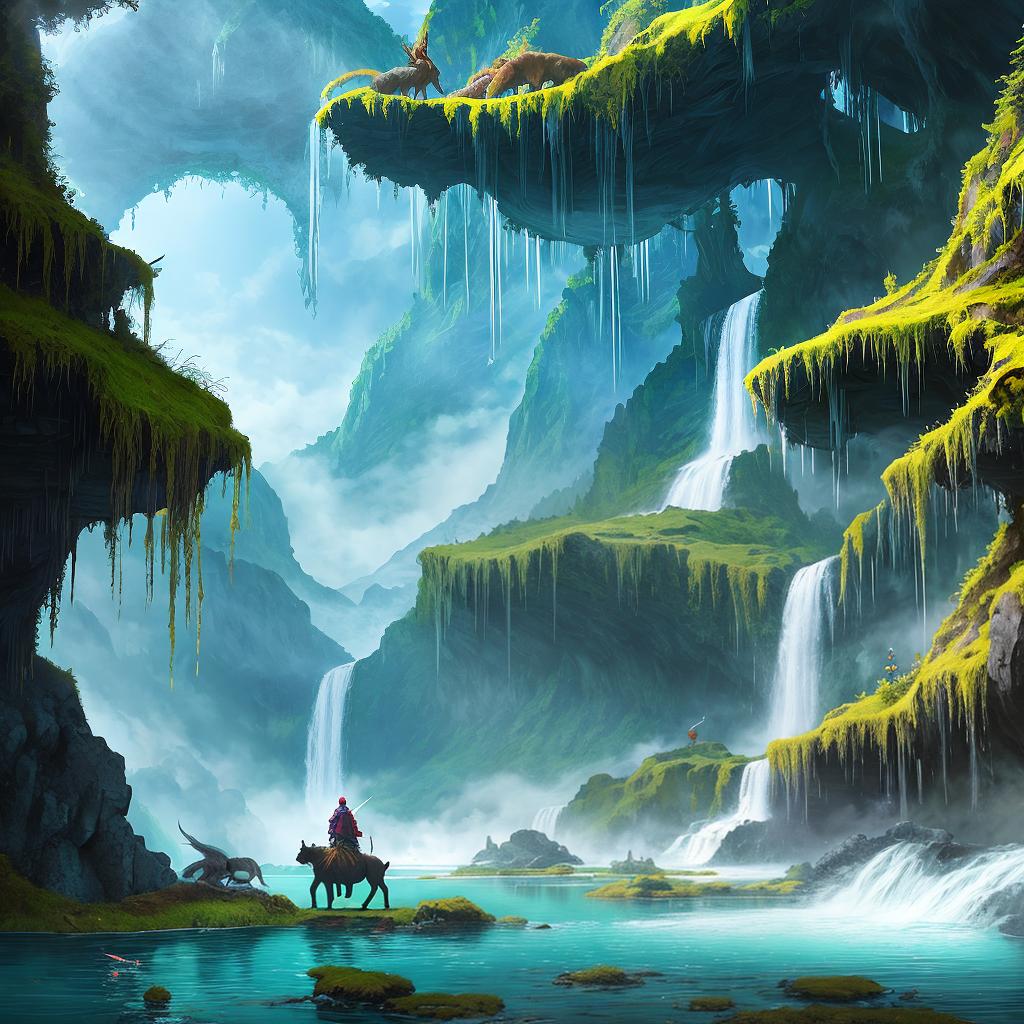  in a fantasy setting, Paint a surreal landscape where mythical beasts roam amidst cascading waterfalls.