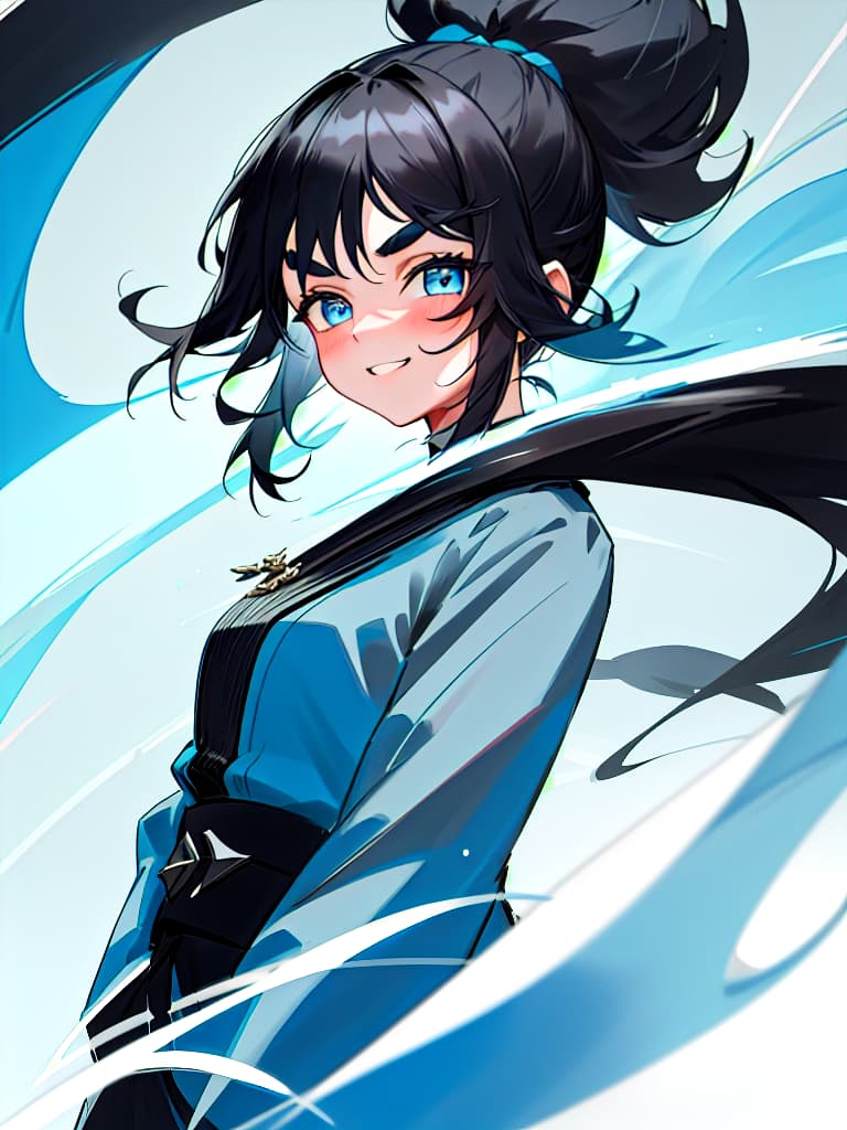  1girl,black hair,ponytail,blue eyes,v sharped eyebrows,giggling,light blue blouse,black long coat,upper body,looking at viewer, masterpiece, best quality,8k,ultra detailed,high resolution,an extremely delicate and beautiful,hyper detail