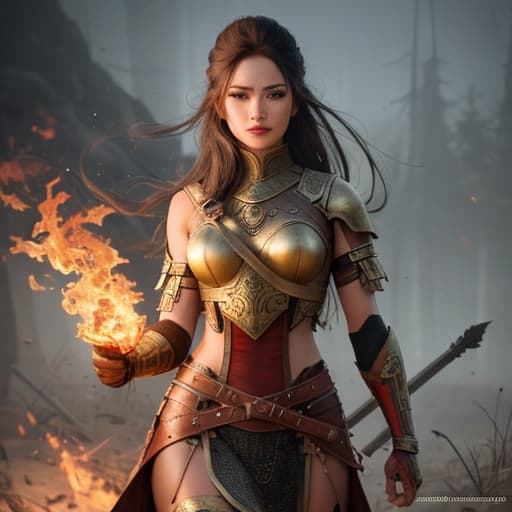  a Warrior girl with fire in his eyes hyperrealistic, full body, detailed clothing, highly detailed, cinematic lighting, stunningly beautiful, intricate, sharp focus, f/1. 8, 85mm, (centered image composition), (professionally color graded), ((bright soft diffused light)), volumetric fog, trending on instagram, trending on tumblr, HDR 4K, 8K