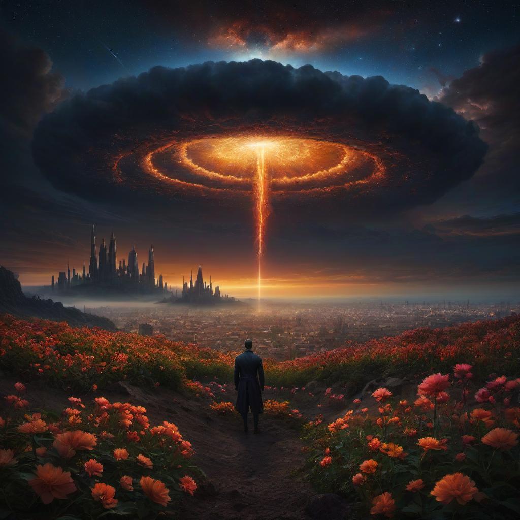  (stylized by Tomasz Alen Kopera:1.3) , dark art, dense flower field and Perseid meteor in background, landscape of a (Barcelona:1.2) , very Bizarre and 1600'S, Hurricane, Glitchcore, Amaro, layered textures, ornate, intricate artistic color, complimentary colors, very inspirational, atmosphere, fine artistic composition, sunny, theatrical hyperrealistic, full body, detailed clothing, highly detailed, cinematic lighting, stunningly beautiful, intricate, sharp focus, f/1. 8, 85mm, (centered image composition), (professionally color graded), ((bright soft diffused light)), volumetric fog, trending on instagram, trending on tumblr, HDR 4K, 8K