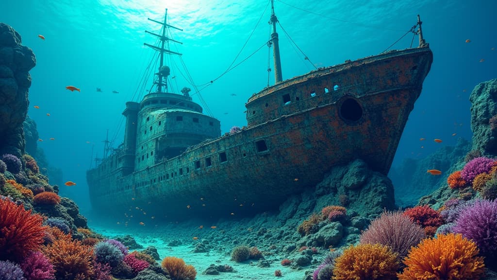  good quality, high quality, colorful shipwreck surrounded by vibrant marine life in an underwater wonderland