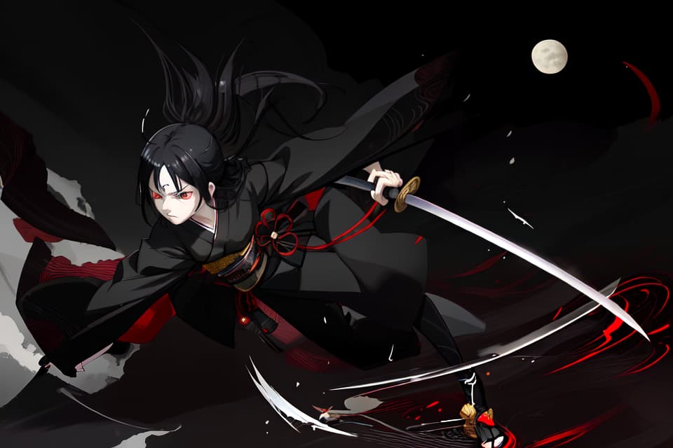  One, one , black kimono, black hair, black eyes, Japanese swords, long swords, hips, hold a sword, night, moon, serious expression, cooling face , Glowing eyes, small s, slender, imminent, running, cutting, riding, sprinting, stepping in, dust, wind, slashing