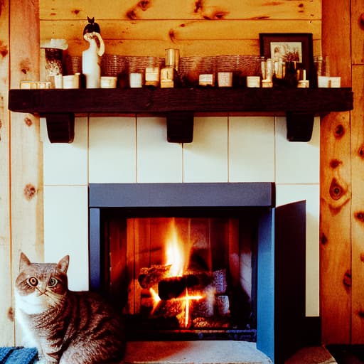 analog style "In the room of a cabin, a cozy fireplace, a cat is in front of the cozy fireplace."