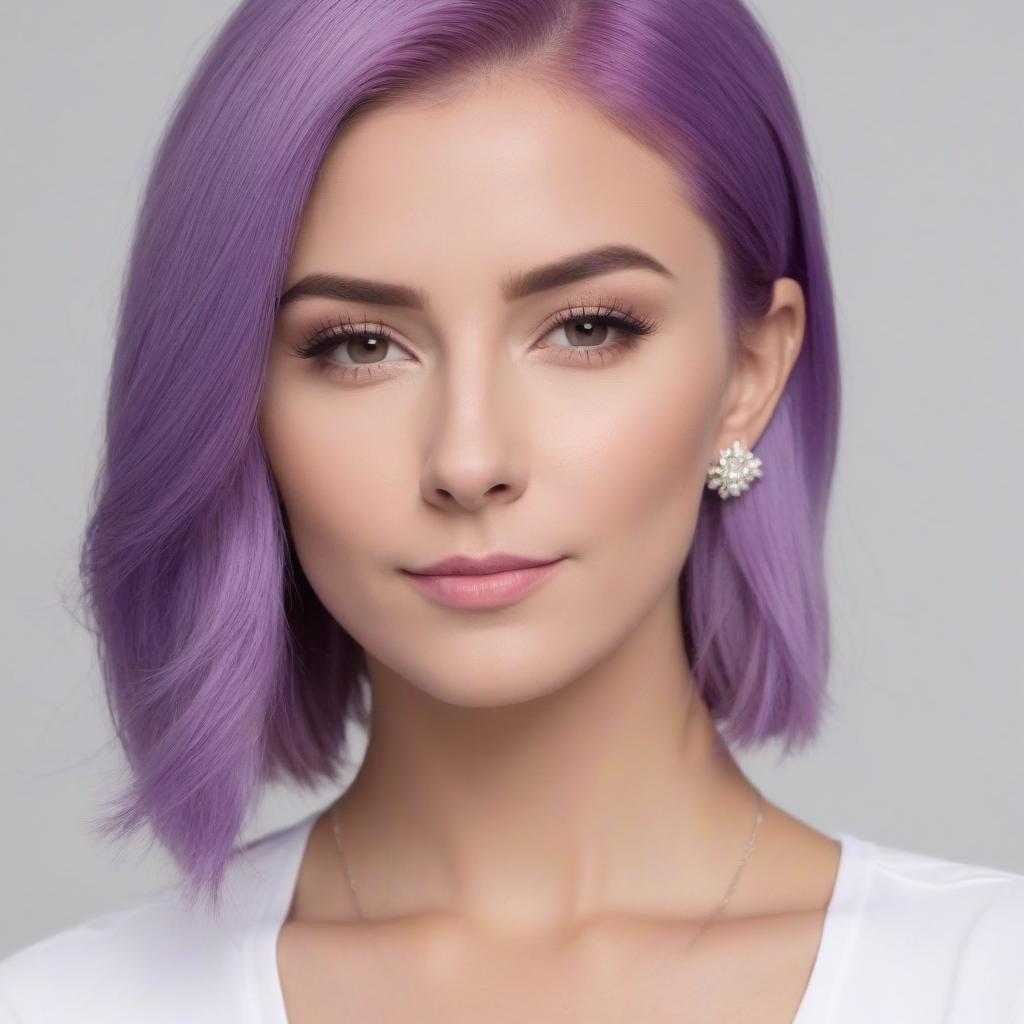  At , a white , in a , looks into the camera, purple hair, neopank