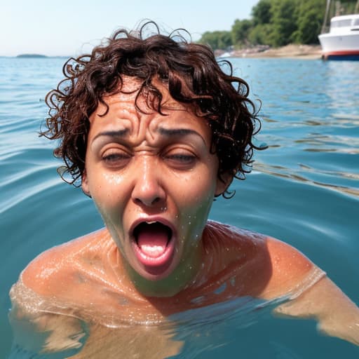  tanned woman with short and curly haircut is in the water up to her nose she's screaming and panic