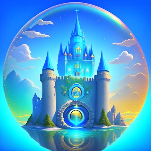 in OliDisco style Colorful castle with a blue background and the word castle on it. There is a huge sparkling ancient portal in the sea, like a soap bubble.