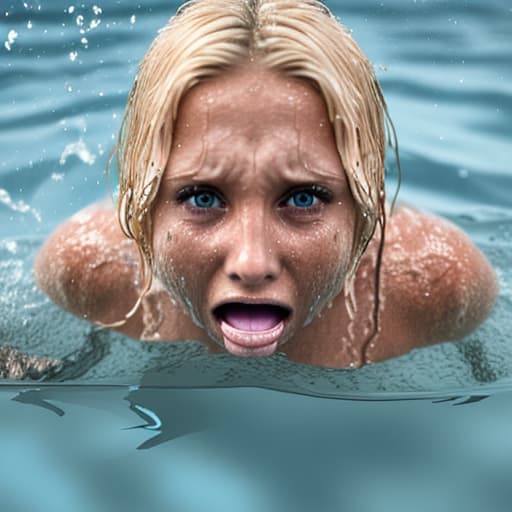  tanned blonde woman drowning and sinking in the water water is up to her nose, her body is not visible she's screaming and panic