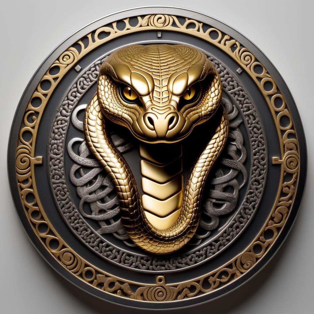  round token made of steel, gold, with an intricate pattern, realistic cobra head