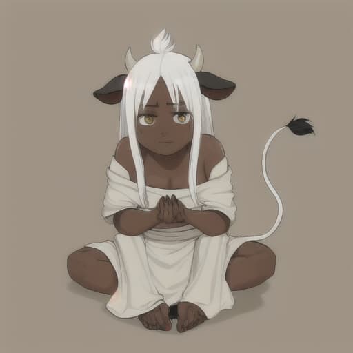  A beggar girl is a cow with dark gray skin and white hair, beige horns, and a cow's tail.