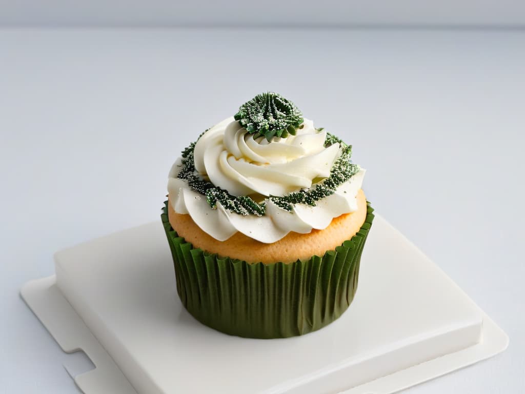  A minimalistic image of a beautifully decorated cupcake, showcasing intricate details like delicate frosting swirls, edible glitter accents, and tiny fondant decorations on top. The cupcake is set against a clean, white background to emphasize its artistry and craftsmanship, making it a visually striking representation of the fusion between traditional baking techniques and contemporary design trends in pastry art. hyperrealistic, full body, detailed clothing, highly detailed, cinematic lighting, stunningly beautiful, intricate, sharp focus, f/1. 8, 85mm, (centered image composition), (professionally color graded), ((bright soft diffused light)), volumetric fog, trending on instagram, trending on tumblr, HDR 4K, 8K