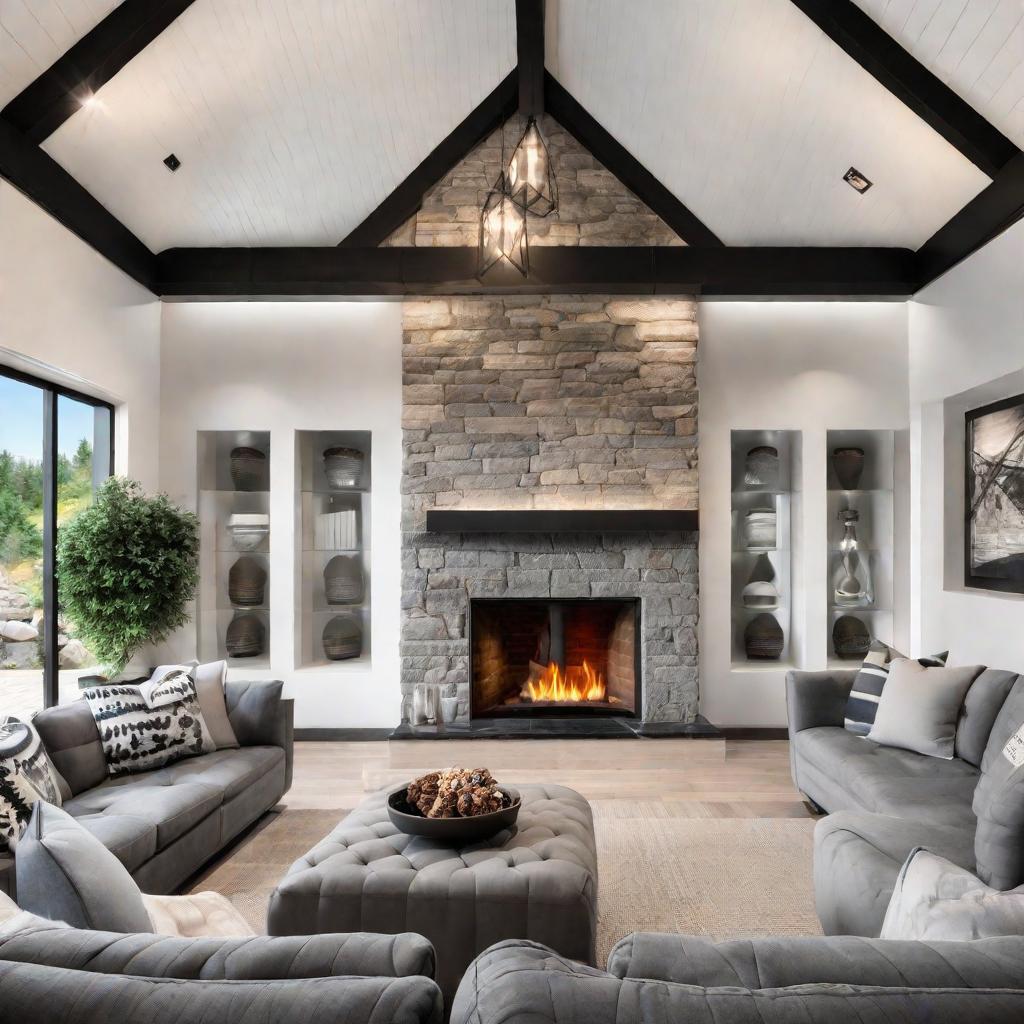   Design a cozy den with exposed wooden beams, a stone fireplace, and leather armchairs for a refined yet rustic feel. 8k, cinematic lighting, HDR