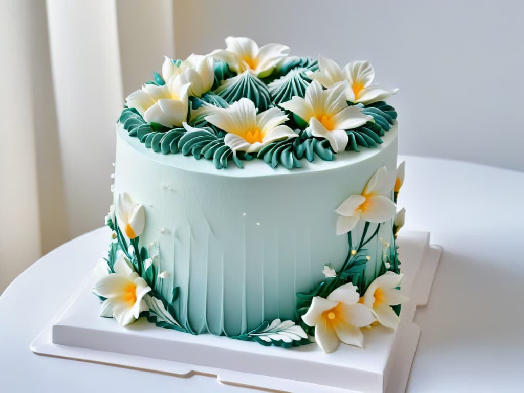  A closeup, ultradetailed image of a perfectly frosted and meticulously decorated threetiered cake, with intricate floral piping details cascading down the sides. The cake is elegantly displayed on a sleek, minimalist white cake stand against a soft, blurred background to emphasize the intricate design and craftsmanship of the dessert. hyperrealistic, full body, detailed clothing, highly detailed, cinematic lighting, stunningly beautiful, intricate, sharp focus, f/1. 8, 85mm, (centered image composition), (professionally color graded), ((bright soft diffused light)), volumetric fog, trending on instagram, trending on tumblr, HDR 4K, 8K