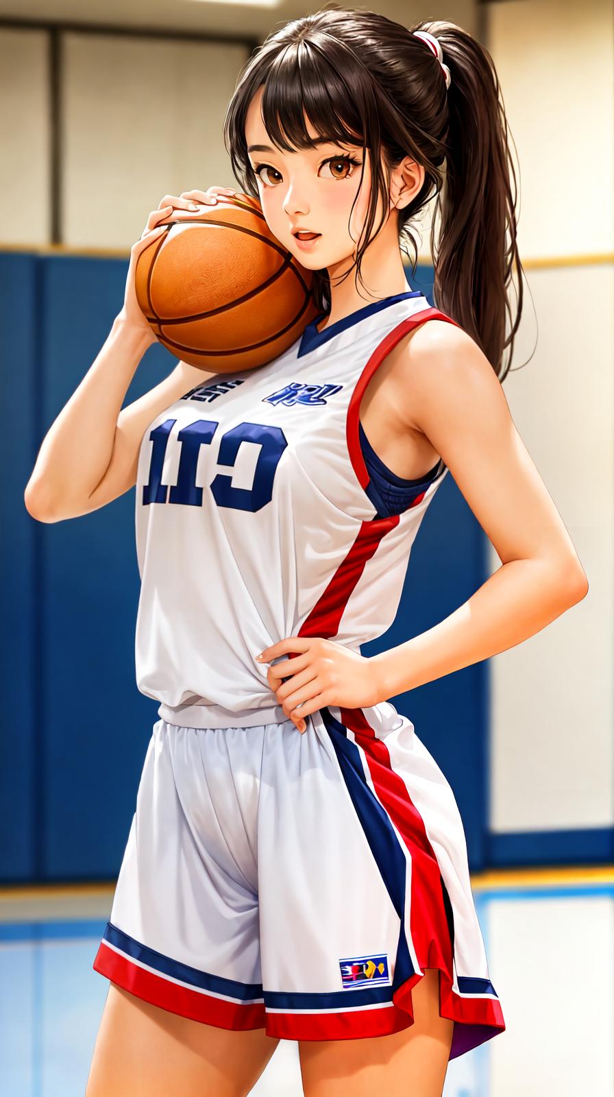  master piece , best quality,Beautiful girl in basketball uniform takes off her clothes.