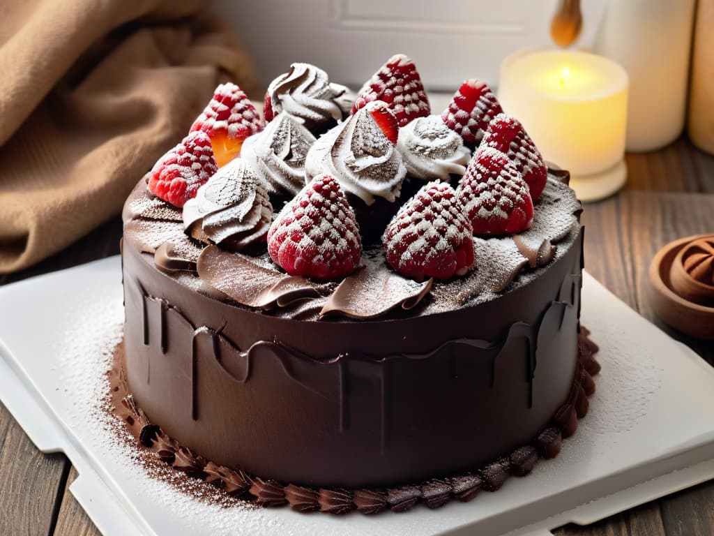  A photorealistic image of a beautifully decorated glutenfree chocolate cake with layers of rich ganache, topped with fresh raspberries and a dusting of powdered sugar. The cake sits on a rustic wooden table, surrounded by baking ingredients like cocoa powder, almond flour, and dark chocolate bars. The background features a cozy kitchen setting with soft natural light streaming in, creating a warm and inviting atmosphere perfect for baking. hyperrealistic, full body, detailed clothing, highly detailed, cinematic lighting, stunningly beautiful, intricate, sharp focus, f/1. 8, 85mm, (centered image composition), (professionally color graded), ((bright soft diffused light)), volumetric fog, trending on instagram, trending on tumblr, HDR 4K, 8K