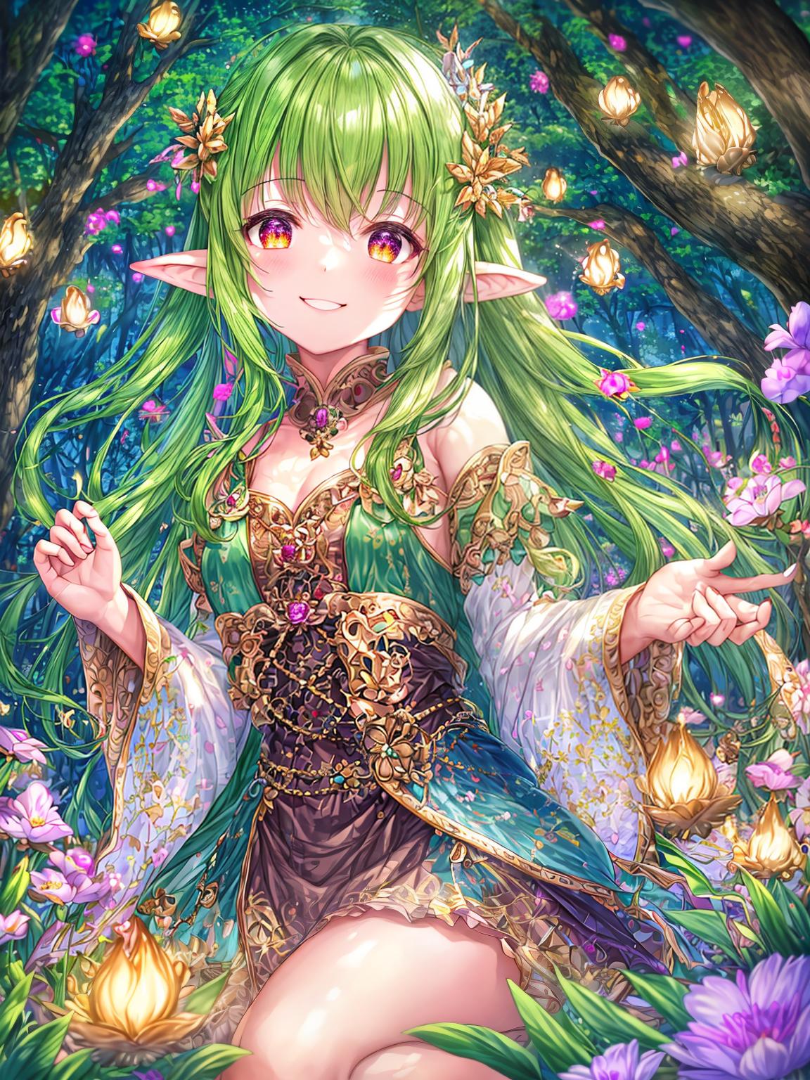  master piece, best quality, ultra detailed, highres, 4k.8k, Tiny, smiling, fairy, Smiling, surrounded by glowing fireflies, Joyful, BREAK Enchanting forest fairy, Mysterious forest, Glowing mushrooms, shimmering dewdrops, magical flowers, ancient trees, BREAK Mysterious and serene, Soft lighting, ethereal aura, glowing gradients, misty ambiance,