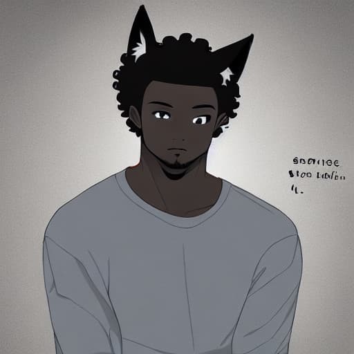  a black man, black eyes, short curly hair, black wolf ears and tail.