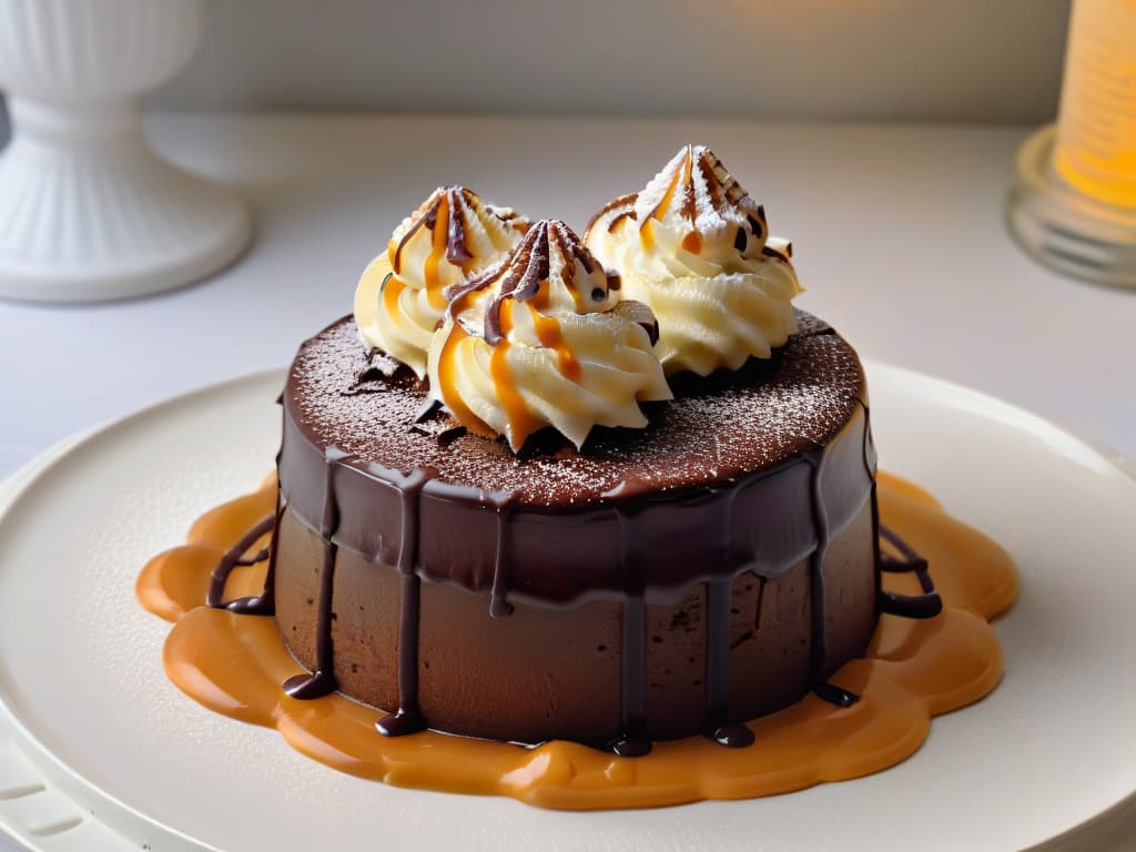  A closeup, photorealistic image of a decadent chocolate lava cake being drizzled with a rich, velvety salted caramel sauce. The cake is perfectly moist and fluffy, with a gooey, molten center oozing out as the caramel cascades down the sides, creating a mouthwatering contrast of flavors and textures. The dark chocolate ganache glaze on top glistens under warm lighting, highlighting the intricate details of the dessert and making it irresistibly tempting. hyperrealistic, full body, detailed clothing, highly detailed, cinematic lighting, stunningly beautiful, intricate, sharp focus, f/1. 8, 85mm, (centered image composition), (professionally color graded), ((bright soft diffused light)), volumetric fog, trending on instagram, trending on tumblr, HDR 4K, 8K