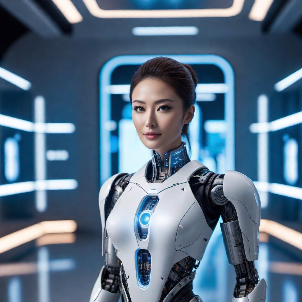  A friendly AI assistant represented as a half-human, half-robot figure. The human side shows a welcoming, friendly expression, while the robot side displays advanced technological elements like circuits, metal plating, and glowing lights. The setting is a futuristic room filled with advanced technology, floating screens, and light trails. hyperrealistic, full body, detailed clothing, highly detailed, cinematic lighting, stunningly beautiful, intricate, sharp focus, f/1. 8, 85mm, (centered image composition), (professionally color graded), ((bright soft diffused light)), volumetric fog, trending on instagram, trending on tumblr, HDR 4K, 8K