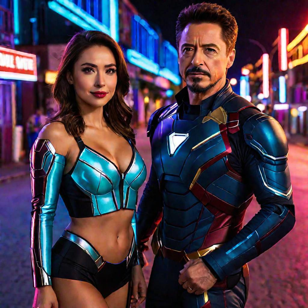 couple of a man and a woman posing together at the night street, neon lighting. man: tony stark, marvel cinematic universe, male, human, protagonist, superhero, leader, survivor, father, husband, skilled fighter, resourceful, determined, brave, confident and woman: young woman, brunette hair, brown eyes, she has a scar on the right cheek, confident, powerful, badass, happy,, mother, avenger, main character, wearing a feminine suit. apocalyptic world, post-apocalyptic, main character, raw photo, (high detailed skin:1.2), 8k uhd, dslr, soft lighting, high quality, film grain, fujifilm xt3, portrait, 85mm, f2.0, light, ultra realistic,, portrait, 85mm, f2.0, light, ultra realistic, 8k, fm2.0, cinema4d, joyful and romantic atmosphere, cute hyperrealistic, full body, detailed clothing, highly detailed, cinematic lighting, stunningly beautiful, intricate, sharp focus, f/1. 8, 85mm, (centered image composition), (professionally color graded), ((bright soft diffused light)), volumetric fog, trending on instagram, trending on tumblr, HDR 4K, 8K