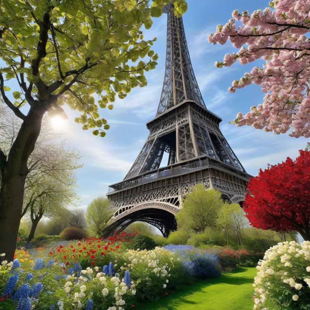  A masterpiece. The Eiffel Tower. Trees, bushes, sunlight. Blue sky. Spring, cherry trees. Spring field, hyacinths, roses, rosehips, rose hips, peonies, cherry tree, yellow, red, black flowers, forget me nots. Beautiful twisted arbor wrapped in flowers, sunlight, green plants, black arbor. Summer. field, hyacinths, roses, rosehips, rose hips, peonies, cherry tree, yellow, red, black flowers, forget me nots, black flowers. Small gazebo, no outdoor space. Seats. Nature in the background, spring, delight. Dark green leaves. Luxury, richness. High quality. Gothic style. Alfonso Mucha, Honoré Fargonard. hyperrealistic, full body, detailed clothing, highly detailed, cinematic lighting, stunningly beautiful, intricate, sharp focus, f/1. 8, 85mm, (centered image composition), (professionally color graded), ((bright soft diffused light)), volumetric fog, trending on instagram, trending on tumblr, HDR 4K, 8K