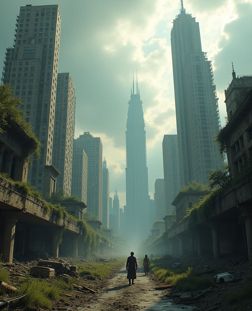  good quality, high quality, create a dystopian cityscape set in the post apocalyptic future during a cloudy afternoon. the art style should be grunge art with a high angle view. the scene should depict a decaying and desolate urban environment, with crumbling skyscrapers, abandoned buildings, and overgrown vegetation reclaiming the city. the atmosphere should be bleak and oppressive, with dark clouds hanging low and casting ominous shadows. scattered remnants of civilization, such as rusted vehicles and broken infrastructure, should be visible. a few survivors in tattered clothing can be seen scavenging for supplies amidst the ruins, highlighting the harsh reality of this dystopian world. the color palette should be muted, with earthy tones