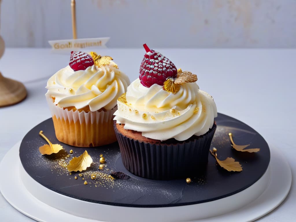  An ultradetailed closeup of a perfectly frosted cupcake, adorned with delicate edible gold leaf flakes and a single fresh raspberry on top, placed on a sleek, matte black granite countertop. The frosting is expertly piped in intricate swirls, showcasing impeccable precision and skill. The soft lighting enhances the shimmer of the gold leaf, creating a visually captivating and mouthwatering image that epitomizes the artistry and attention to detail in pastry time management. hyperrealistic, full body, detailed clothing, highly detailed, cinematic lighting, stunningly beautiful, intricate, sharp focus, f/1. 8, 85mm, (centered image composition), (professionally color graded), ((bright soft diffused light)), volumetric fog, trending on instagram, trending on tumblr, HDR 4K, 8K