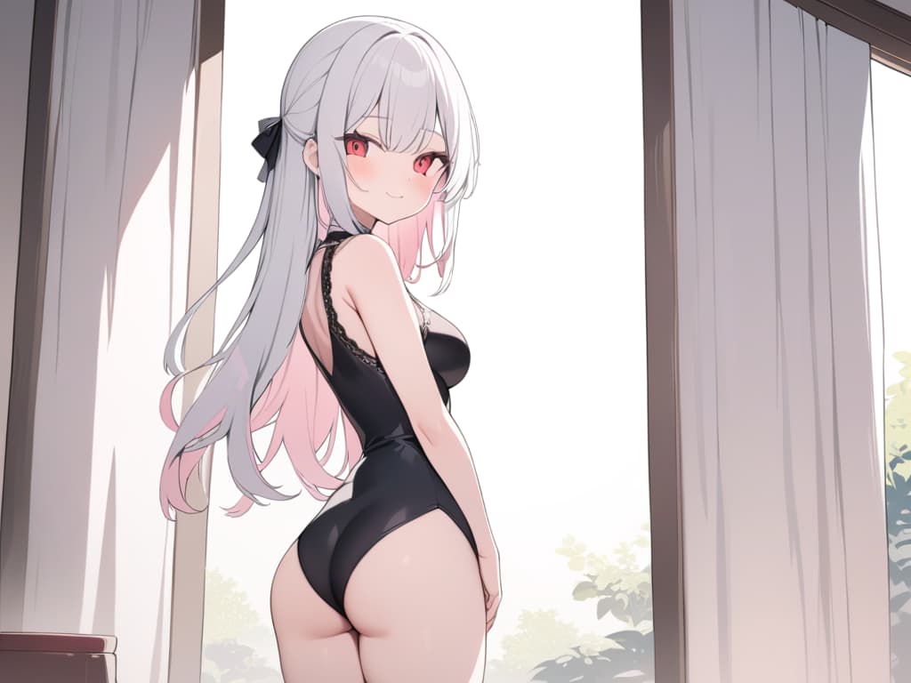  1 Girl, solo, white hair, dark pink, gradation, twosideup, long hair, smile, whole body, standing picture, red eyes, sauce pink, cute, masterpiece, best quality,8k,ultra detailed,high resolution,an extremely delicate and beautiful,hyper detail