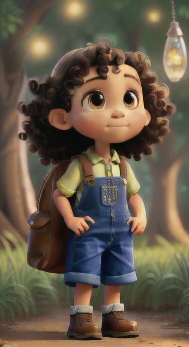  {The tree shining brightly and releasing a gentle, magical light., Riley, a curious with big brown eyes and curly hair, wearing overalls and carrying a small backpack. Their friend, Skye, a bluebird with shiny feathers.