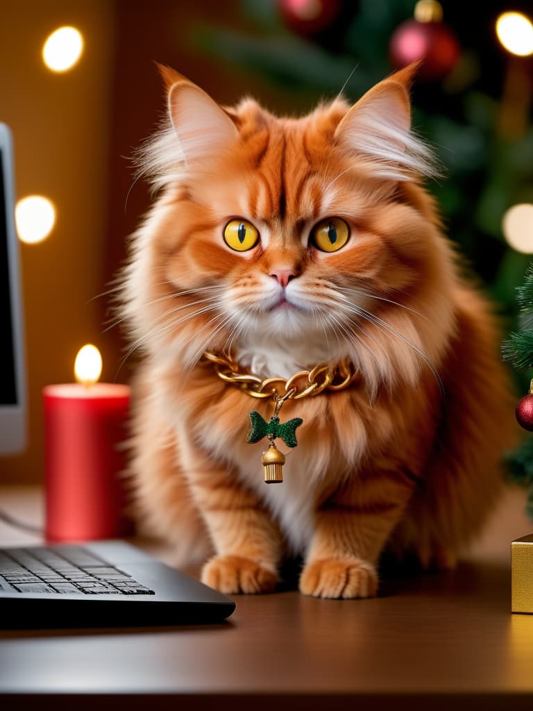  a fluffy red cat, with large expressive eyes, a gold chain,sits on a table near a computer mouse and looks at it carefully presenting a real mouse, Christmas trees,candles,gifts,high quality,4k,8k