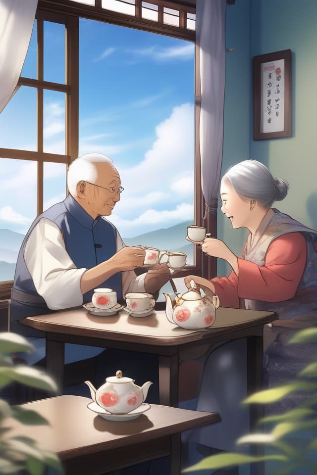  Grandfather and grandmother enjoying tea from the window, the blue sky, chabudai, two people enjoying tea