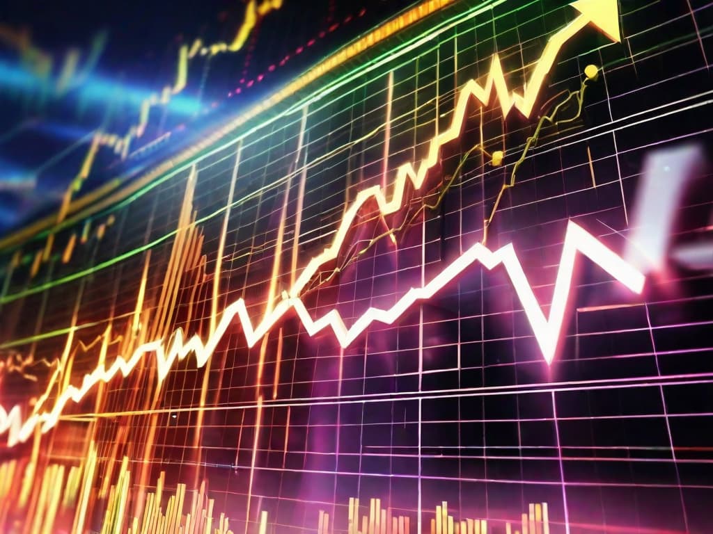  A glowing stock market chart with an upward trend, highlighting the NASDAQ symbol, surrounded by abstract digital light effects to signify growth and potential. digital art, ilustration, no flares, clean hyperrealistic, full body, detailed clothing, highly detailed, cinematic lighting, stunningly beautiful, intricate, sharp focus, f/1. 8, 85mm, (centered image composition), (professionally color graded), ((bright soft diffused light)), volumetric fog, trending on instagram, trending on tumblr, HDR 4K, 8K