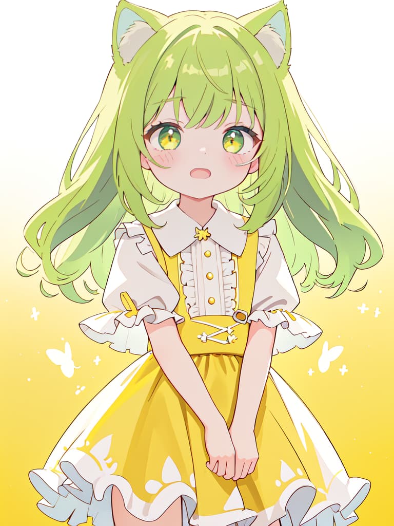  ultra detailed:1.2masterpiece:1.2,best quality,masterpiece,bestquality,hdr:1.1,8k:1.1,very cute girl:1.3,cat ear:1.3,blush frill dress,yellow green hair:1.3,long hair:1.1,troubled face:1.4,open mouth,light yellow background,cowboy shot:1.3, masterpiece, best quality,8k,ultra detailed,high resolution,an extremely delicate and beautiful,hyper detail